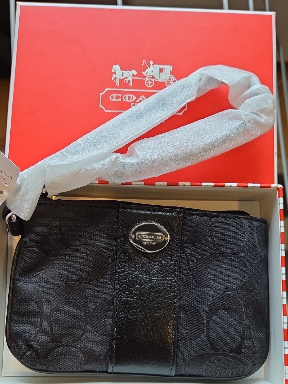 Coach Black Signature Canvas Wristlet with Leather Trim